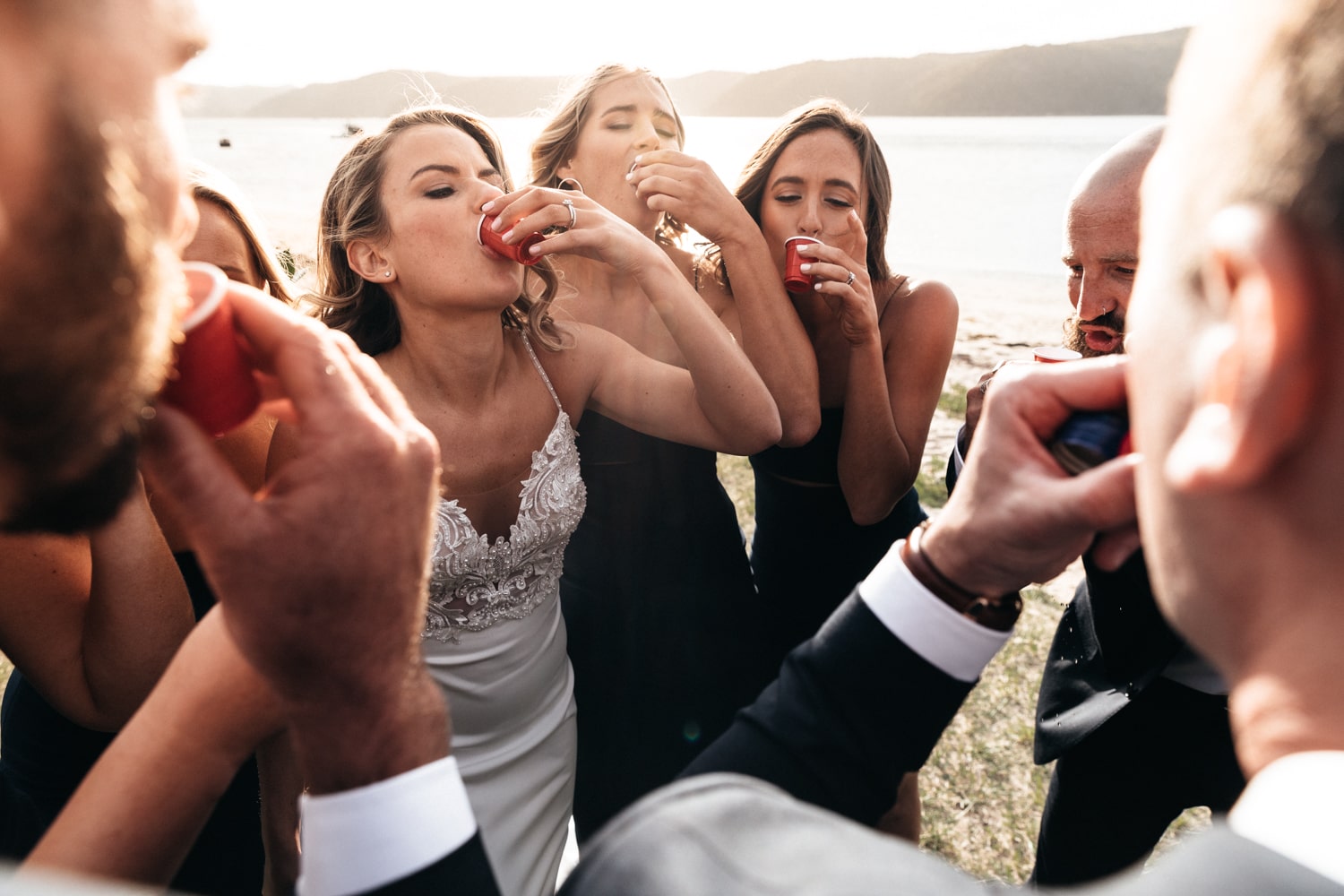 bridal party drinking shots - palm beach wedding
