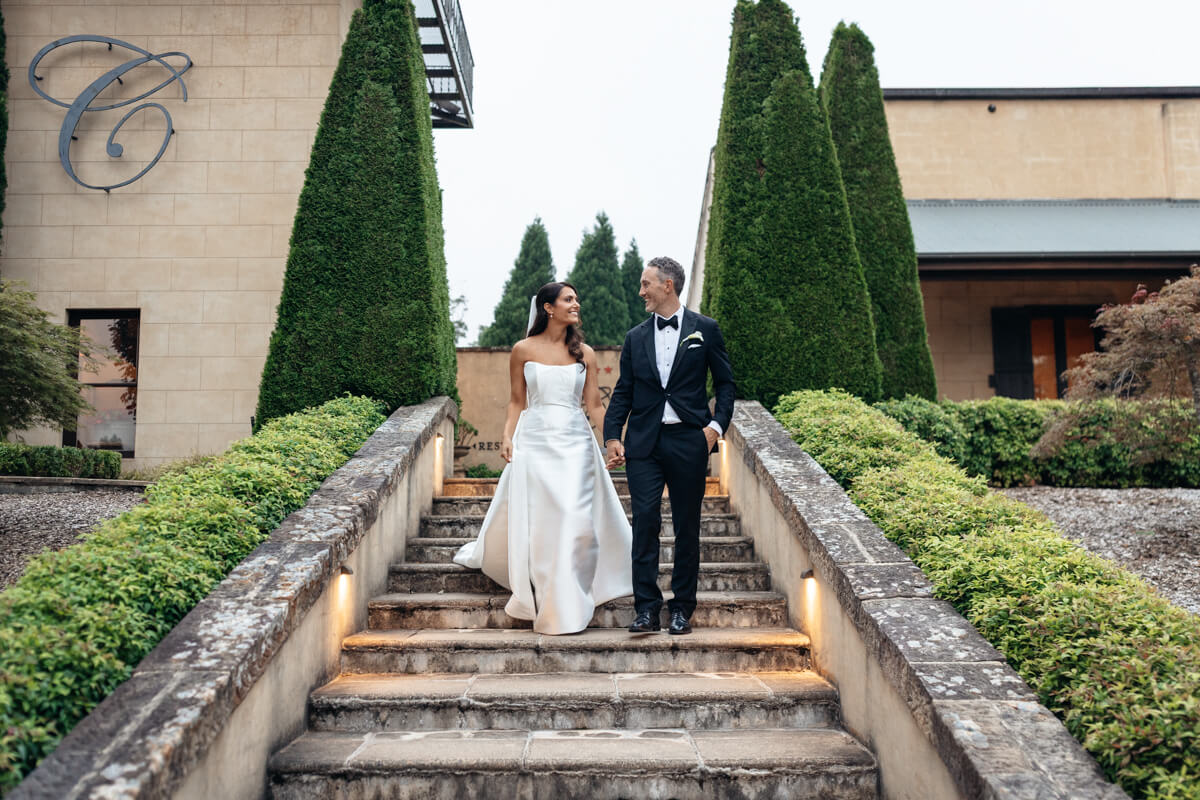 portraits on the stairs for this centennial vineyards wedding