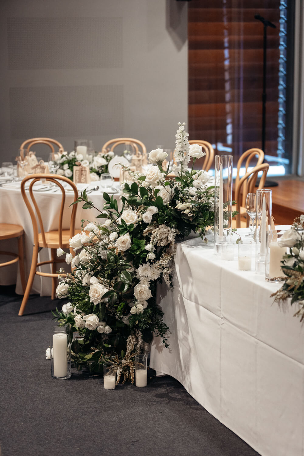 Flower decorations for a wedding reception at the Sydney Mint