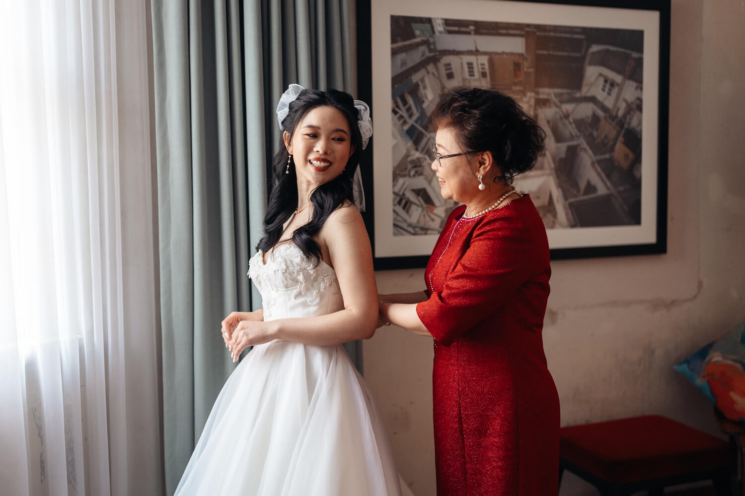 A bride getting ready with her mum at The Old Clare Hotel in Sydney