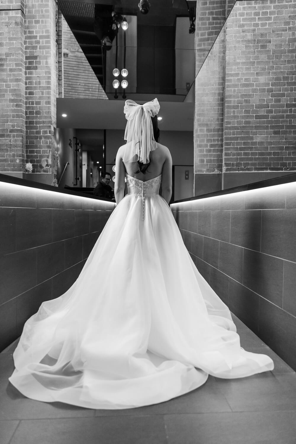 The back of the bride's dress photographed at The Old Clare Hotel in Sydney